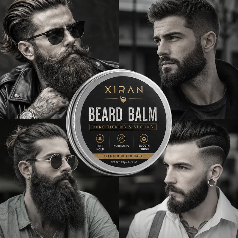 Metal container of Xiran beard balm surrounded by various styled beard and hairstyle examples, emphasizing grooming and care.